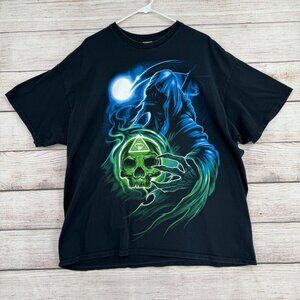 Vintage Y2K Grim Reaper Skull Graphic T-Shirt Men's Size 2XL Black/Blue/Green